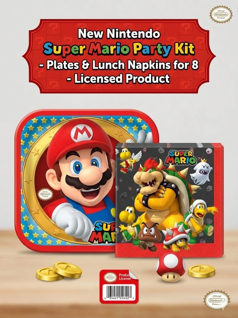 Nintendo Super Mario Party Kit - Red, Blue, Gold Plates & Napkins